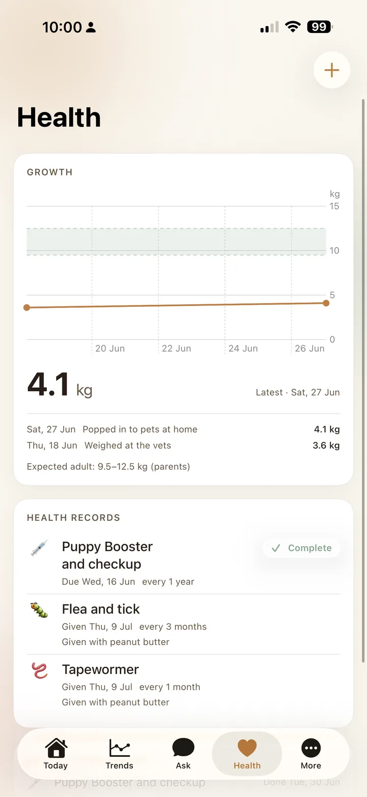 PuppyTracker Health screen with growth curve and vaccination records